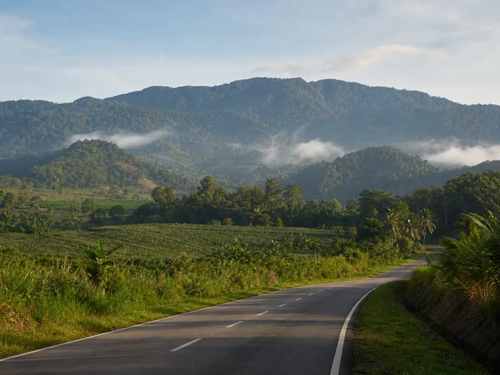 Green agricultural countryside and a paved road approaching the Crocker Range near Keningau Sabah
